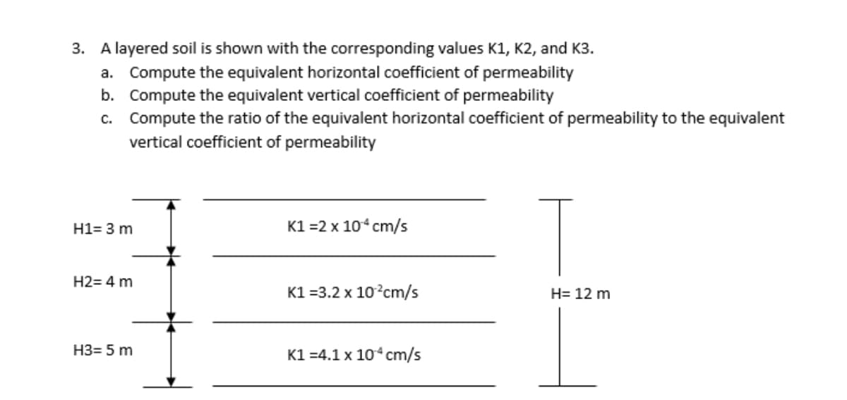 3. A layered soil is shown with the corresponding values K1, K2, and K3.
a. Compute the equivalent horizontal coefficient of permeability
b. Compute the equivalent vertical coefficient of permeability
c. Compute the ratio of the equivalent horizontal coefficient of permeability to the equivalent
vertical coefficient of permeability
T
H1= 3 m
K1 =2 x 10 cm/s
H2= 4 m
K1 =3.2 x 10?cm/s
H= 12 m
H3= 5 m
K1 =4.1 x 10 cm/s
