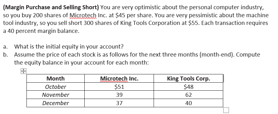(Margin Purchase and Selling Short) You are very optimistic about the personal computer industry,
so you buy 200 shares of Microtech Inc. at $45 per share. You are very pessimistic about the machine
tool industry, so you sell short 300 shares of King Tools Corporation at $55. Each transaction requires
a 40 percent margin balance.
What is the initial equity in your account?
b. Assume the price of each stock is as follows for the next three months (month-end). Compute
the equity balance in your account for each month:
Month
Microtech Inc.
King Tools Corp.
$48
w w n m W
October
$51
November
39
62
December
37
40
