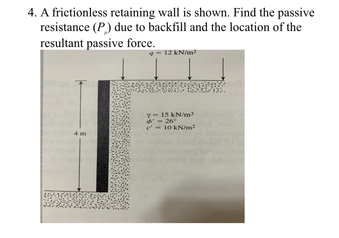 4. A frictionless retaining wall is shown. Find the passive
resistance (P) due to backfill and the location of the
resultant passive force.
q = 12 kN/m²
Y = 15 kN/m³
o' = 26°
c' = 10 kN/m²
4 m
