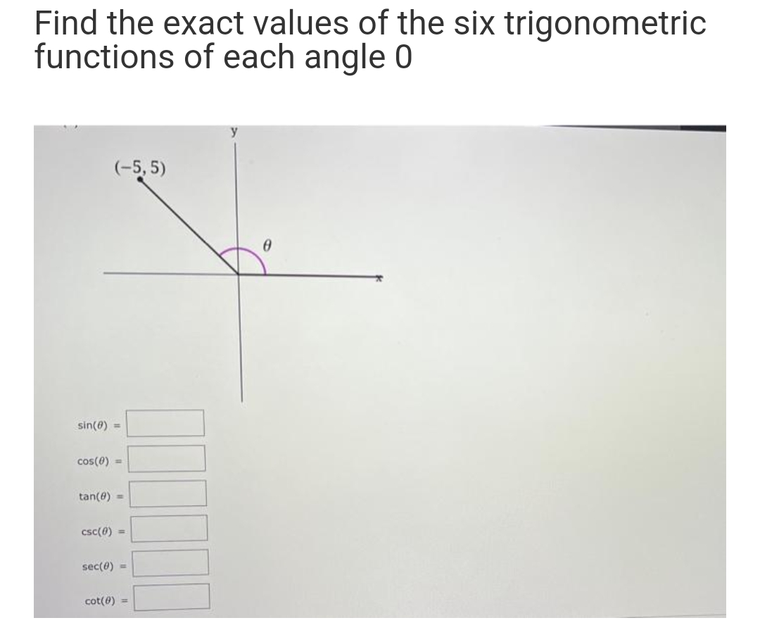 Find the exact values of the six trigonometric
functions of each angle 0
(-5, 5)
sin(8) =
cos(0) =
tan(6) =
csc(0) =
sec(e) =
cot(0) =
