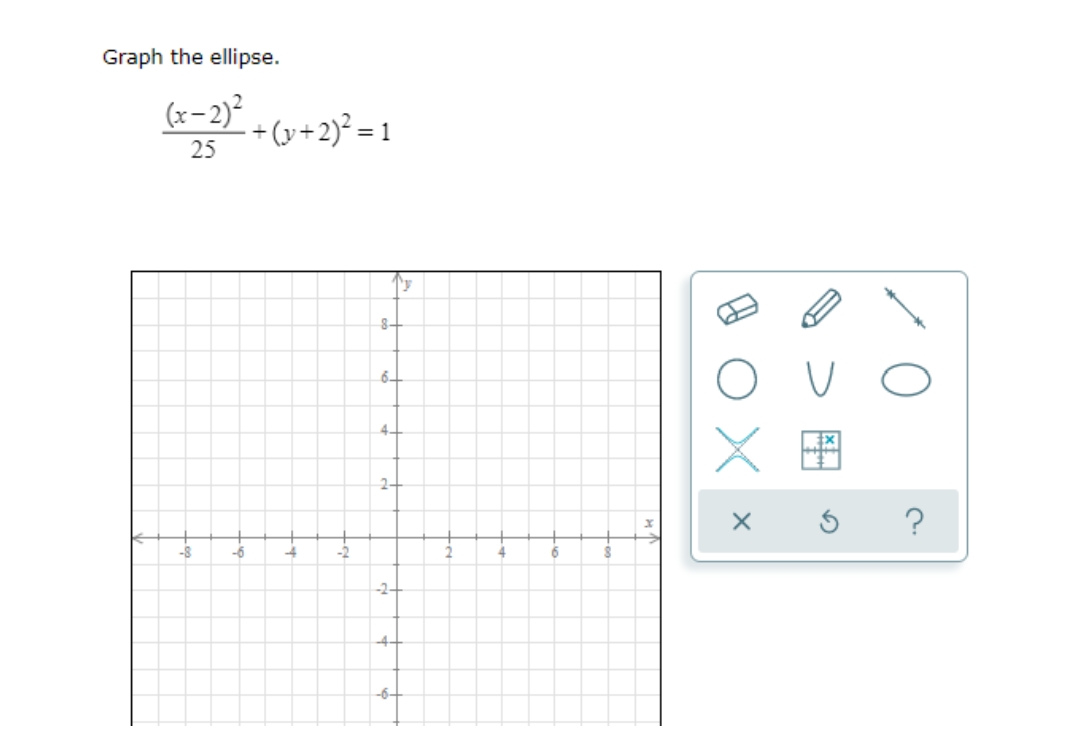 Graph the ellipse.
(x-2)²
- + (y+2)² = 1
25
8-
6.
2-
to
-2-
4-
-6-

