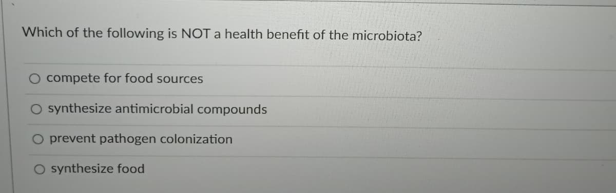 Which of the following is NOT a health benefit of the microbiota?
O compete for food sources
synthesize antimicrobial compounds
O prevent pathogen colonization
O synthesize food
