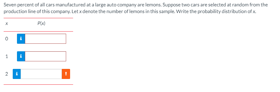 Seven percent of all cars manufactured at a large auto company are lemons. Suppose two cars are selected at random from the
production line of this company. Let x denote the number of lemons in this sample. Write the probability distribution of x.
P(x)
i
1
2
i
