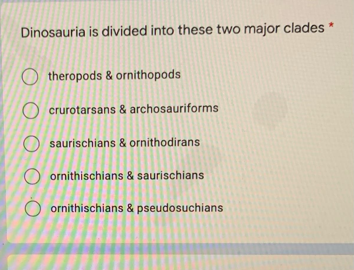 Dinosauria is divided into these two major clades *
O theropods & ornithopods
O crurotarsans & archosauriforms
O saurischians & ornithodirans
ornithischians & saurischians
ornithischians & pseudosuchians
