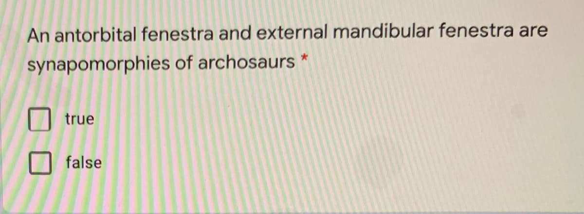 An antorbital fenestra and external mandibular fenestra are
synapomorphies of archosaurs *
true
false
