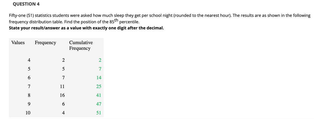QUESTION 4
Fifty-one (51) statistics students were asked how much sleep they get per school night (rounded to the nearest hour). The results are as shown in the following
frequency distribution table. Find the position of the 85th
State your result/answer as a value with exactly one digit after the decimal.
percentile.
Values
Frequency
Cumulative
Frequency
4
2
2
5
7
7
14
7
11
25
8
16
41
9
47
10
4
51

