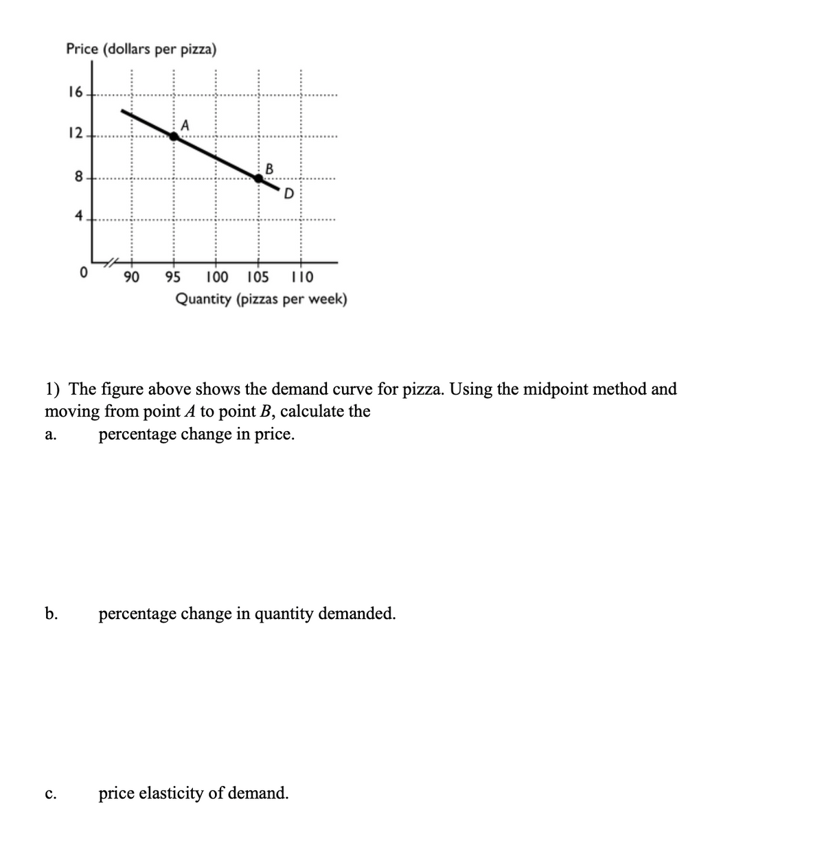 Price (dollars per pizza)
16
12
В
8.
D
90
95
10
105
Quantity (pizzas per week)
1) The figure above shows the demand curve for pizza. Using the midpoint method and
moving from point A to point B, calculate the
percentage change in price.
а.
b.
percentage change in quantity demanded.
с.
price elasticity of demand.
