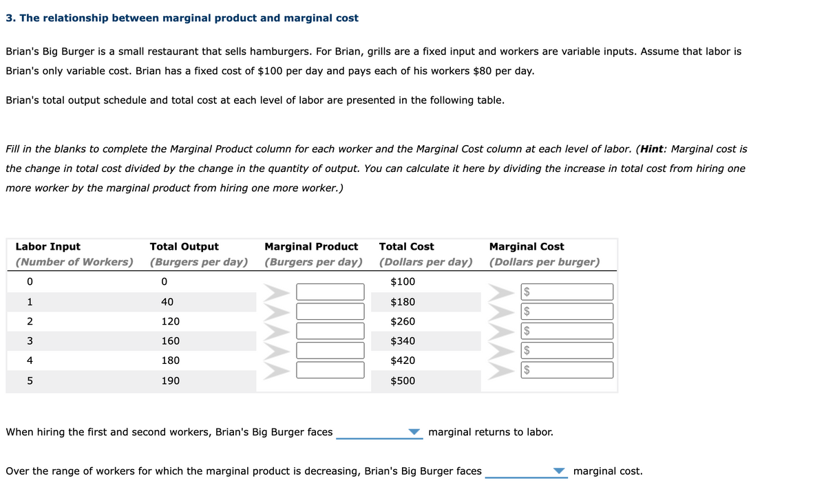 3. The relationship between marginal product and marginal cost
Brian's Big Burger is a small restaurant that sells hamburgers. For Brian, grills are a fixed input and workers are variable inputs. Assume that labor is
Brian's only variable cost. Brian has a fixed cost of $100 per day and pays each of his workers $80 per day.
Brian's total output schedule and total cost at each level of labor are presented in the following table.
Fill in the blanks to complete the Marginal Product column for each worker and the Marginal Cost column at each level of labor. (Hint: Marginal cost is
the change in total cost divided by the change in the quantity of output. You can calculate it here by dividing the increase in total cost from hiring one
more worker by the marginal product from hiring one more worker.)
Labor Input
Total Output
Marginal Product
Total Cost
Marginal Cost
(Number of Workers)
(Burgers per day)
(Burgers per day)
(Dollars per day)
(Dollars per burger)
$100
2$
1
40
$180
2
120
$260
160
$340
4
180
$420
$
190
$500
When hiring the first and second workers, Brian's Big Burger faces
marginal returns to labor.
Over the range of workers for which the marginal product is decreasing, Brian's Big Burger faces
marginal cost.
4|| 4
