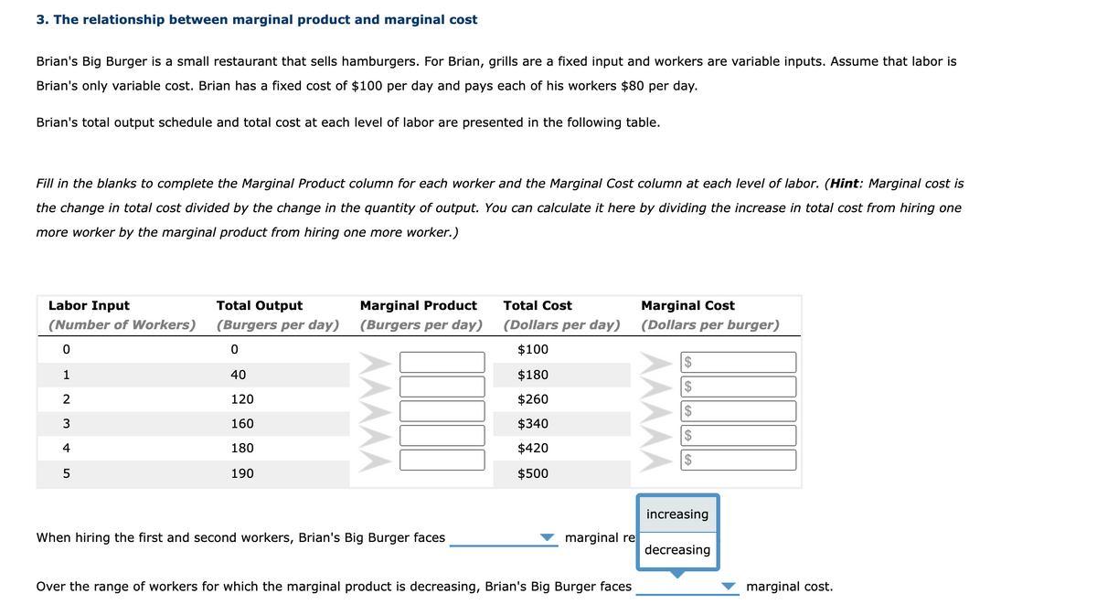 3. The relationship between marginal product and marginal cost
Brian's Big Burger is a small restaurant that sells hamburgers. For Brian, grills are a fixed input and workers are variable inputs. Assume that labor is
Brian's only variable cost. Brian has a fixed cost of $100 per day and pays each of his workers $80 per day.
Brian's total output schedule and total cost at each level of labor are presented in the following table.
Fill in the blanks to complete the Marginal Product column for each worker and the Marginal Cost column at each level of labor. (Hint: Marginal cost is
the change in total cost divided by the change in the quantity of output. You can calculate it here by dividing the increase in total cost from hiring one
more worker by the marginal product from hiring one more worker.)
Labor Input
Total Output
Marginal Product
Total Cost
Marginal Cost
(Number of Workers)
(Burgers per day)
(Burgers per day)
(Dollars per day)
(Dollars per burger)
$100
$
1
40
$180
$
2
120
$260
3
160
$340
4
180
$420
190
$500
increasing
When hiring the first and second workers, Brian's Big Burger faces
marginal re
decreasing
Over the range of workers for which the marginal product is decreasing, Brian's Big Burger faces
marginal cost.
