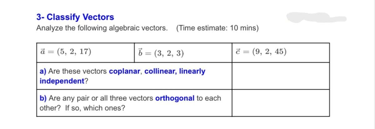 3- Classify Vectors
Analyze the following algebraic vectors. (Time estimate: 10 mins)
a = (5, 2, 17)
6 = (3, 2, 3)
a) Are these vectors coplanar, collinear, linearly
independent?
b) Are any pair or all three vectors orthogonal to each
other? If so, which ones?
c = (9, 2, 45)
