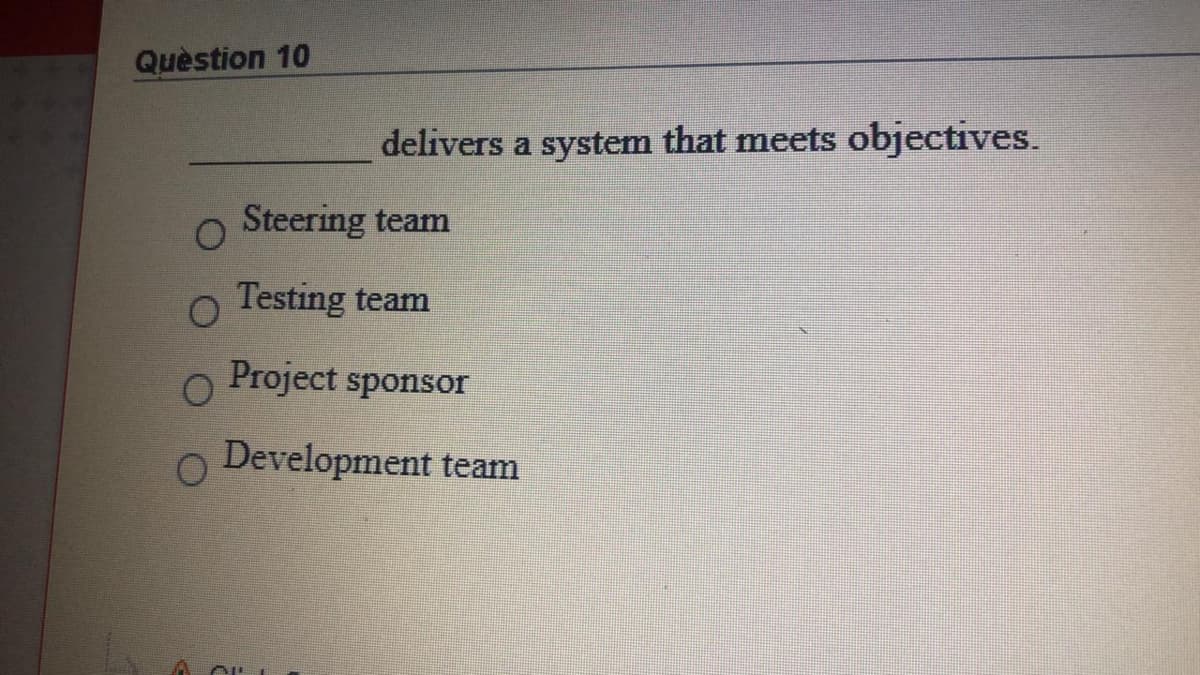 Quèstion 10
delivers a system that meets objectives.
Steering team
O Testing team
Project sponsor
Development team
