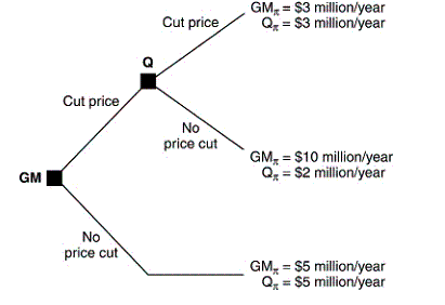 GM, = $3 million/year
Q = $3 million/year
Cut price
Cut price
No
price cut
GM, = $10 million/year
Q = $2 million/year
GM
No
price cut
GM, = $5 million/year
Q = $5 million/year
