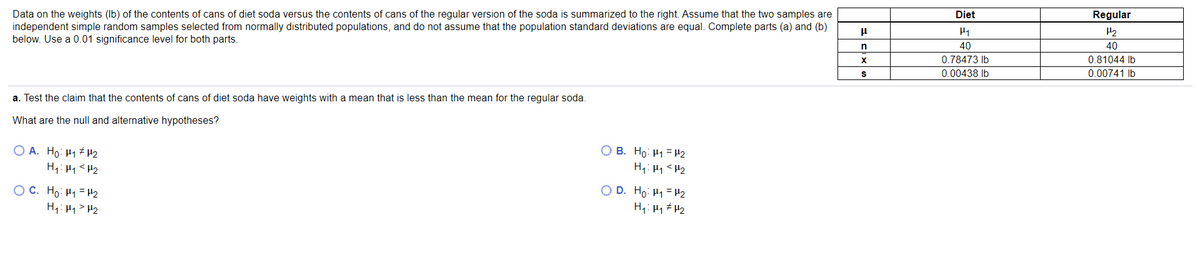 Data on the weights (Ib) of the contents of cans of diet soda versus the contents of cans of the regular version of the soda is summarized to the right. Assume that the two samples are
independent simple random samples selected from normally distributed populations, and do not assume that the population standard deviations are equal. Complete parts (a) and (b)
below. Use a 0.01 significance level for both parts.
Diet
Regular
H2
n
40
40
0.78473 Ib
0.81044 Ib
0.00438 Ib
0.00741 lb
a. Test the claim that the contents of cans of diet soda have weights with a mean that is less than the mean for the regular soda.
What are the null and alternative hypotheses?
O A. Ho: H1 H2
B. Ho: H1 = 42
H4: Hy <H2
H1: H1 <H2
OC. Ho: H1=H2
H1: Hy> H2
D. Ho: 41= 42
