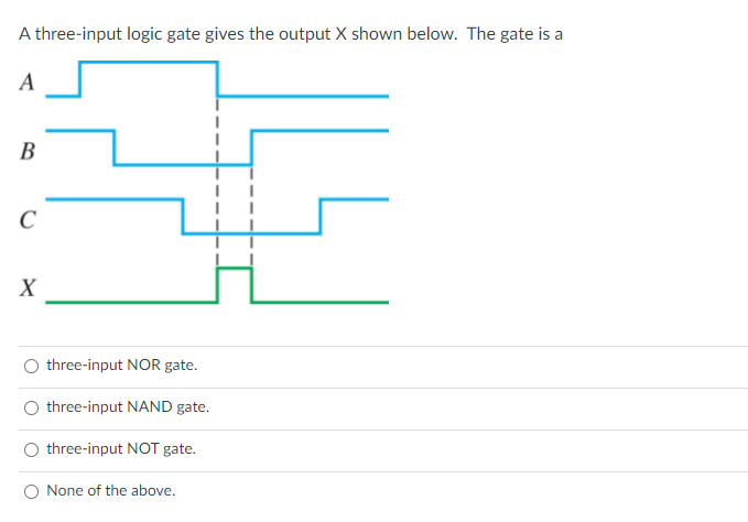 A three-input logic gate gives the output X shown below. The gate is a
A
В
C
X
three-input NOR gate.
three-input NAND gate.
three-input NOT gate.
None of the above.
