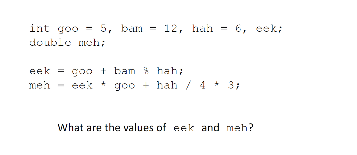 int goo
bam
12,
hah
6, еek;
double meh;
eek
goo + bam % hah;
meh =
eek
* goo + hah / 4 * 3;
What are the values of eek and meh?
