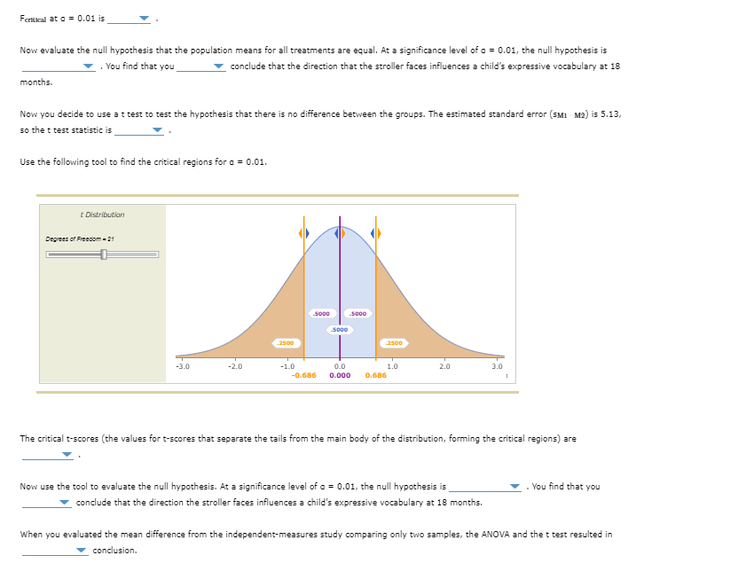 Fertical at a = 0.01 is
Now evaluate the null hypothesis that the population means for all treatments are equal. At a significance level of a = 0.01, the null hypothesis is
You find that you
conclude that the direction that the stroller faces influences a child's expressive vocabulary at 18
months.
Now you decide to use a t test to test the hypothesis that there is no difference between the groups. The estimated standard error (SM1 M2) is 5.13,
so the t test statistic is
Use the following tool to find the critical regions for a = 0.01.
t Distribution
Degrees of Freedom - 21
-3.0
-2.0
2500
-1.0
5000
5000
5000
0.0
-0.686 0.000 0.686
2500
1.0
2.0
3.0
Now use the tool to evaluate the null hypothesis. At a significance level of a = 0.01, the null hypothesis is
conclude that the direction the stroller faces influences a child's expressive vocabulary at 18 months.
1
The critical t-scores (the values for t-scores that separate the tails from the main body of the distribution, forming the critical regions) are
You find that you
When you evaluated the mean difference from the independent-measures study comparing only two samples, the ANOVA and the t test resulted in
conclusion.