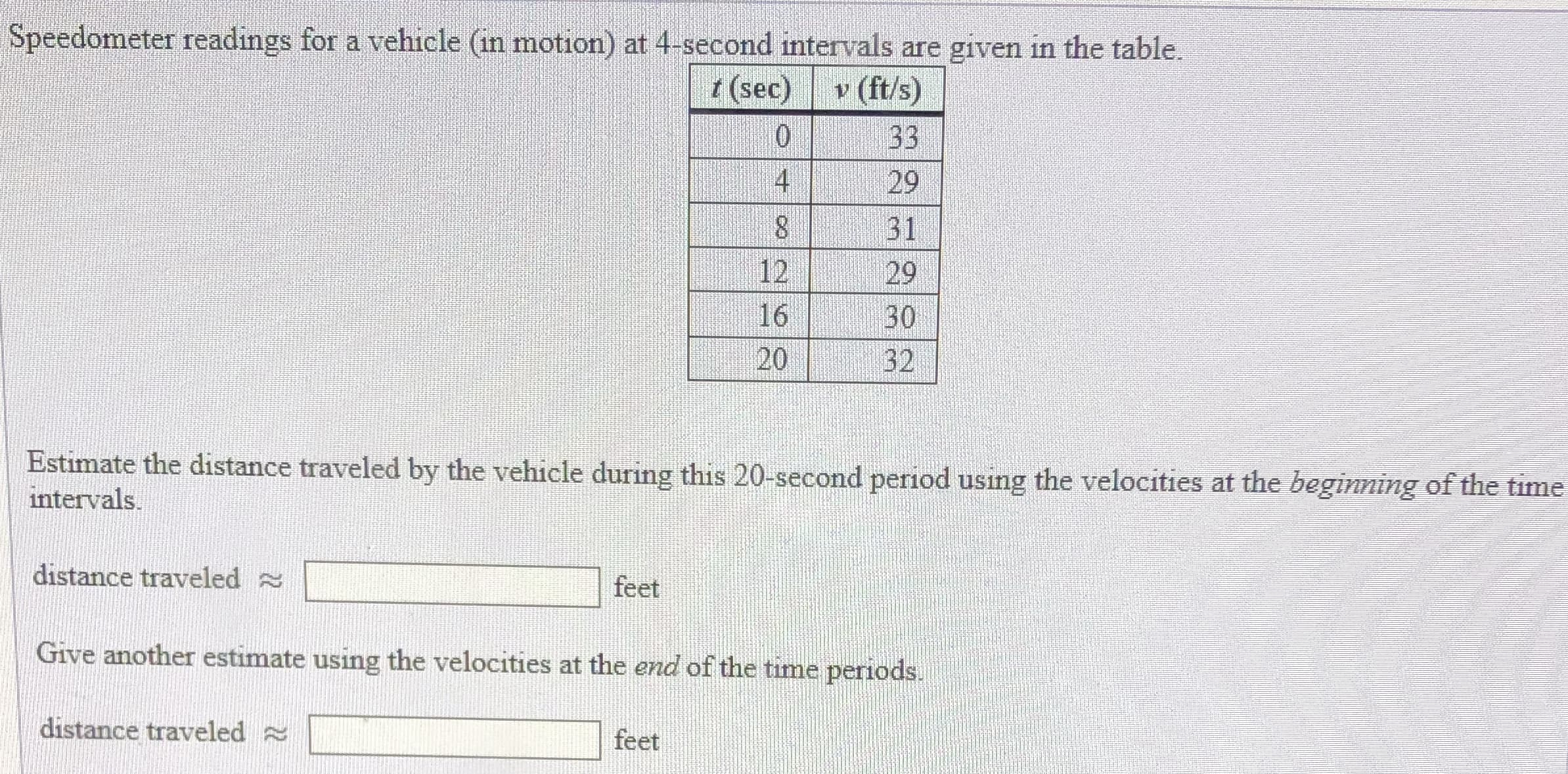 Speedometer readings for a vehicle (in motion) at 4-second intervals are given in the table.
t (sec)
v (ft/s)
33
4
29
8.
31
12
29
16
30
20
32
