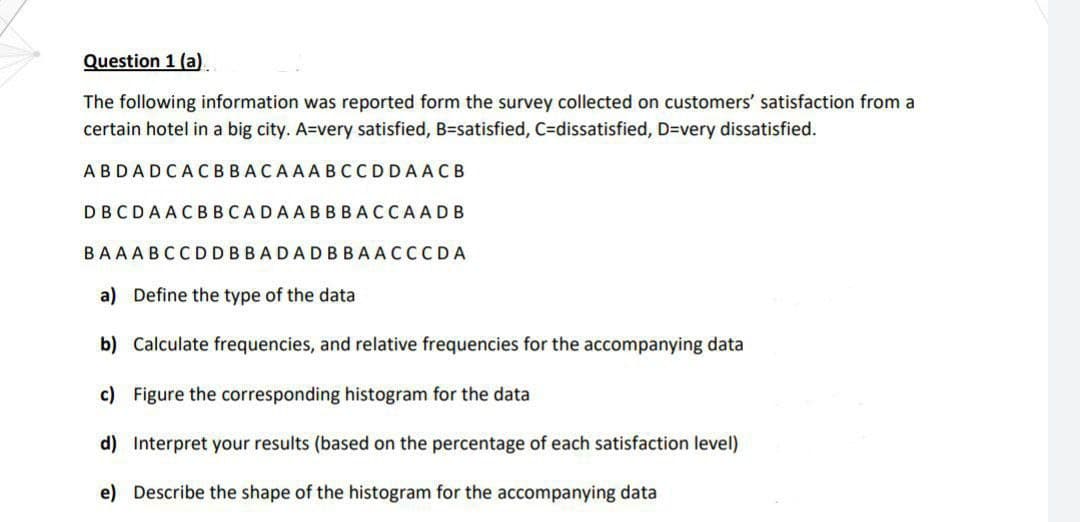 Question 1 (a)
The following information was reported form the survey collected on customers' satisfaction from a
certain hotel in a big city. A-very satisfied, B=satisfied, C-dissatisfied, D=very dissatisfied.
ABDADCACBBACAAABCCDDAACB
DBCDAACBBCADAABBBACCAADB
BAAAB CCD DBBADAD BBAACCCDA
a) Define the type of the data
b) Calculate frequencies, and relative frequencies for the accompanying data
c) Figure the corresponding histogram for the data
d) Interpret your results (based on the percentage of each satisfaction level)
e)
Describe the shape of the histogram for the accompanying data