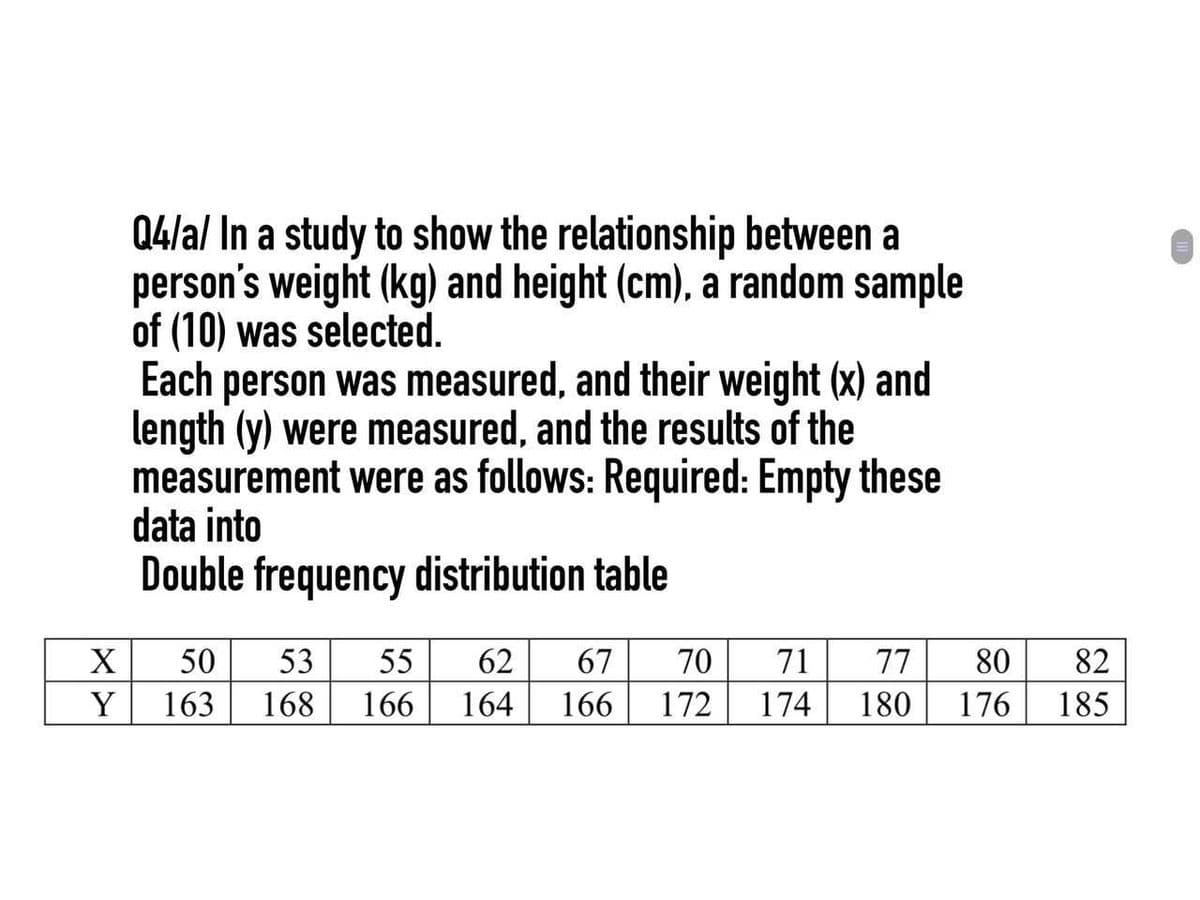 Q4/a/ In a study to show the relationship between a
person's weight (kg) and height (cm), a random sample
of (10) was selected.
Each person was measured, and their weight (x) and
length (y) were measured, and the results of the
measurement were as follows: Required: Empty these
data into
Double frequency distribution table
X
80
82
50 53 55 62 67 70 71 77
163 168 166 164 166 172
Y
174
180
176 185