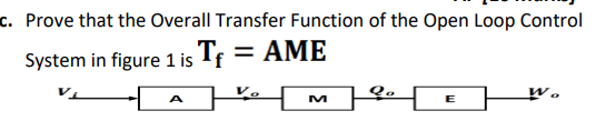 c. Prove that the Overall Transfer Function of the Open Loop Control
System in figure 1 is Tf = AME
A
M
