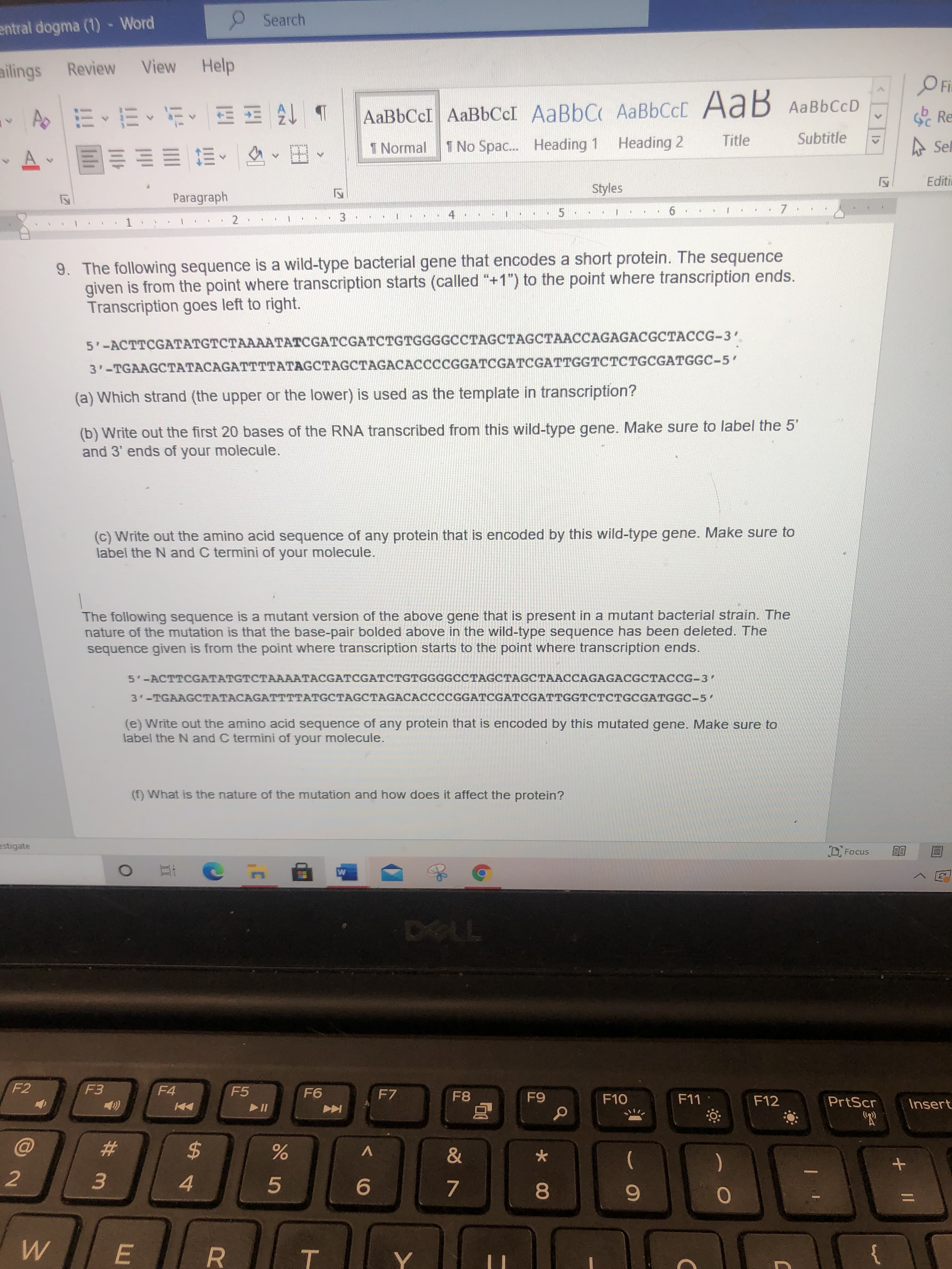 1>
E
%# m
12
Search
entral dogma (1) - Word
Review
View
Help
b 13 ^、,三,出令
1 Normal 1 No Spac. Heading 1
AaBbCcI AaBbCcI AaBbC AABBCCD AaB AaBbCcD
Heading 2
Title
Subtitle
A Sel
4.
Paragraph
Styles
Editin
5.
7.
3.
9. The following sequence is a wild-type bacterial gene that encodes a short protein. The sequence
given is from the point where transcription starts (called "+1") to the point where transcription ends.
Transcription goes left to right.
5'-ACTTCGATATGTCTAAAATATCGATCGATCTGTGGGGCCTAGCTAGCTAACCAGAGACGCTACCG-3
3'-TGAAGCTATACAGATTTTATAGCTAGCTAGACACCCCGGATCGATCGATTGGTCTCTGCGATGGC-5'
(a) Which strand (the upper or the lower) is used as the template in transcription?
(b) Write out the first 20 bases of the RNA transcribed from this wild-type gene. Make sure to label the 5'
and 3' ends of your molecule.
(c) Write out the amino acid sequence of any protein that is encoded by this wild-type gene. Make sure to
label the N and C termini of your molecule.
The following sequence is a mutant version of the above gene that is present in a mutant bacterial strain. The
nature of the mutation is that the base-pair bolded above in the wild-type sequence has been deleted. The
sequence given is from the point where transcription starts to the point where transcription ends.
5'-ACTTCGATATGTCTAAAATACGATCGATCTGTGGGGCCTAGCTAGCTAACCAGAGACGCTACCG-3'
3'-TGAAGCTATACAGATTTTATGCTAGCTAGACACCCCGGATCGATCGATTGGTCTCTGCGATGGC-5
(e) Write out the amino acid sequence of any protein that is encoded by this mutated gene. Make sure to
label the N and C termini of your molecule.
(f) What is the nature of the mutation and how does it affect the protein?
estigate
DFocus
F2
F4
F5
F7
F8
F10
F12
PrtScr
Insert
%24
4.
C
23
V
2.
3.
5.
9.
