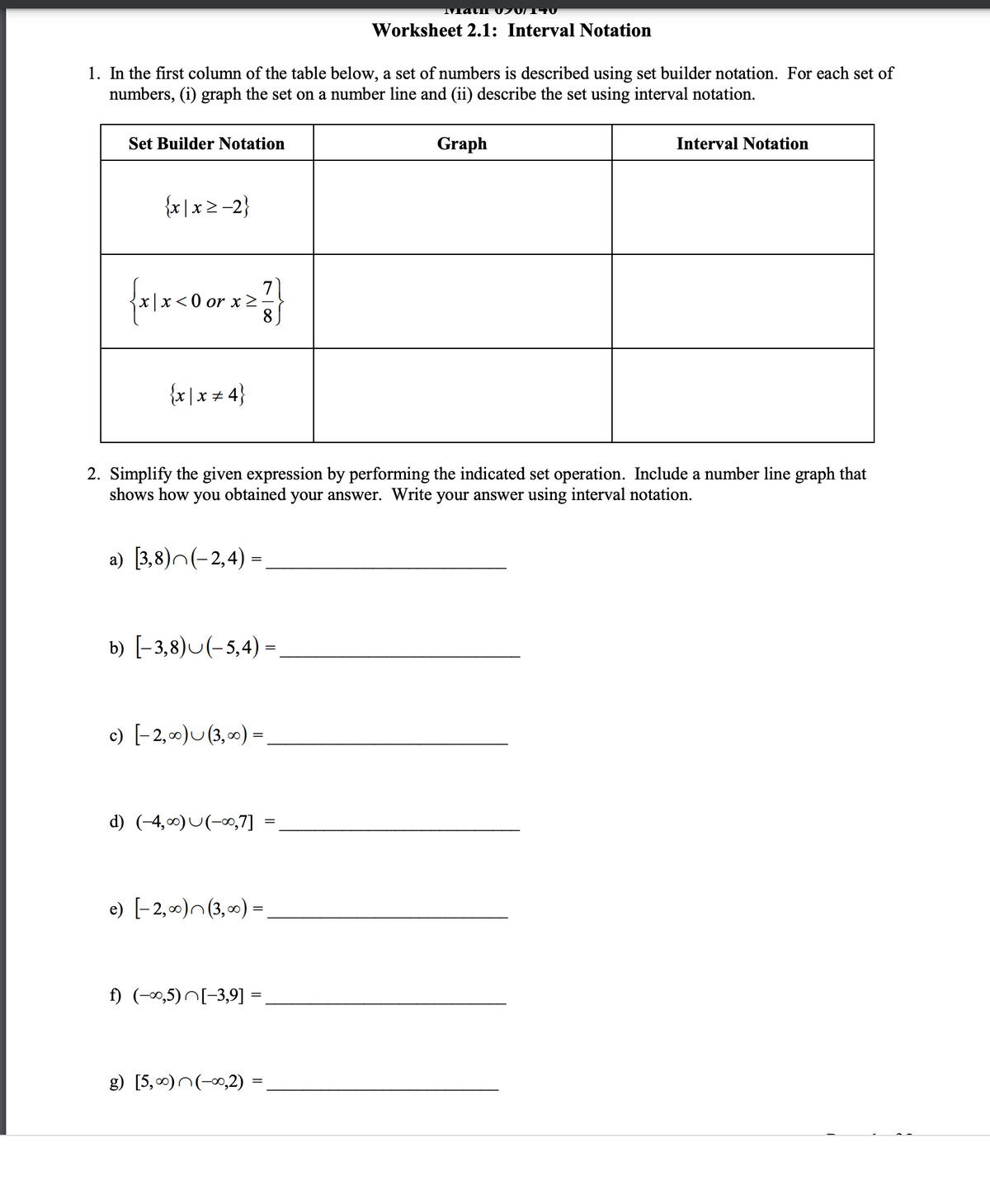 MMath U701U
Worksheet 2.1: Interval Notation
1. In the first column of the table below, a set of numbers is described using set builder notation. For each set of
numbers, (i) graph the set on a number line and (ii) describe the set using interval notation.
Set BuilderNotation
Graph
Interval Notation
{x |x2 -2}
0 or x >
8
{x |x + 4}
2. Simplify the given expression by performing the indicated set operation. Include a number line graph that
shows how you obtained your answer. Write your answer using interval notation.
a) [3,8)n(-2,4) =
b) [-3,8)U(-5,4) =
c) [-2, 00)U (3, 0) =
d) (-4,0) U(-x,7]
e) [-2, 00)n(3, 0) =
f) (-0,5)N[-3,9] =
g) [5,0)n(-0,2)
