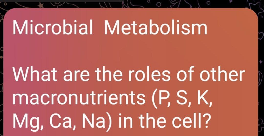 Microbial Metabolism
What are the roles of other
macronutrients (P, S, K,
Mg, Ca, Na) in the cell?