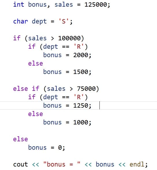 int bonus, sales = 125000;
char dept =
's';
if (sales > 100000)
if (dept
== 'R')
bonus = 2000;
%3D
else
bonus = 1500;
else if (sales > 75000)
if (dept
'R')
==
bonus
1250;
else
bonus = 1000;
else
bonus = 0;
cout <« "bonus = " << bonus << endl;
