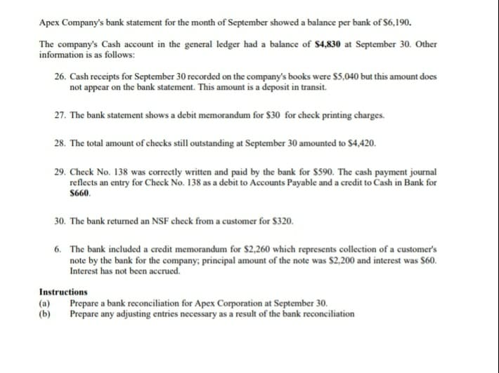 Apex Company's bank statement for the month of September showed a balance per bank of $6,190.
The company's Cash account in the general ledger had a balance of $4,830 at September 30. Other
information is as follows:
26. Cash receipts for September 30 recorded on the company's books were $5,040 but this amount does
not appear on the bank statement. This amount is a deposit in transit.
27. The bank statement shows a debit memorandum for $30 for check printing charges.
28. The total amount of checks still outstanding at September 30 amounted to $4,420.
29. Check No. 138 was correctly written and paid by the bank for $590. The cash payment journal
reflects an entry for Check No. 138 as a debit to Accounts Payable and a credit to Cash in Bank for
$660.
30. The bank returned an NSF check from a customer for $320.
6. The bank included a credit memorandum for $2,260 which represents collection of a customer's
note by the bank for the company; principal amount of the note was $2,200 and interest was $60.
Interest has not been accrued.
Instructions
(a)
(b)
Prepare a bank reconciliation for Apex Corporation at September 30.
Prepare any adjusting entries necessary as a result of the bank reconciliation
