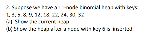 2. Suppose we have a 11-node binomial heap with keys:
1, 3, 5, 8, 9, 12, 18, 22, 24, 30, 32
(a) Show the current heap
(b) Show the heap after a node with key 6 is inserted
