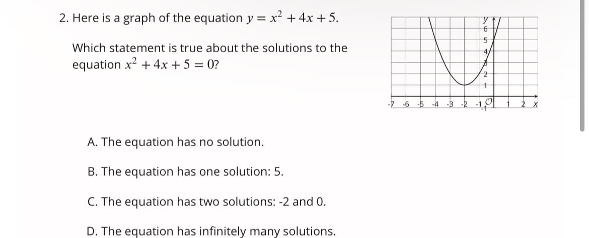 2. Here is a graph of the equation y =
x² + 4x + 5.
Which statement is true about the solutions to the
4/
equation x? + 4x + 5 = 0?
2
-6
-5
-4
-3 -2
A. The equation has no solution.
B. The equation has one solution: 5.
C. The equation has two solutions: -2 and 0.
D. The equation has infinitely many solutions.
