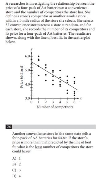 A researcher is investigating the relationship between the
price of a four-pack of AA batteries at a convenience
store and the number of competitors the store has. She
defines a store's competitor as another similar store
within a 1-mile radius of the store she selects. She selects
32 convenience stores across a state at random, and for
each store, she records the number of its competitors and
its price for a four-pack of AA batteries. The results are
shown, along with the line of best fit, in the scatterplot
below.
6.0-
5.0-
4.0-
3.0+
1
3 4 5
Number of competitors
2
26
Another convenience store in the same state sells a
four-pack of AA batteries for $4.89. If the store's
price is more than that predicted by the line of best
fit, what is the least number of competitors the store
could have?
A) 1
B) 2
C) 3
D) 4
Price (dollars)
