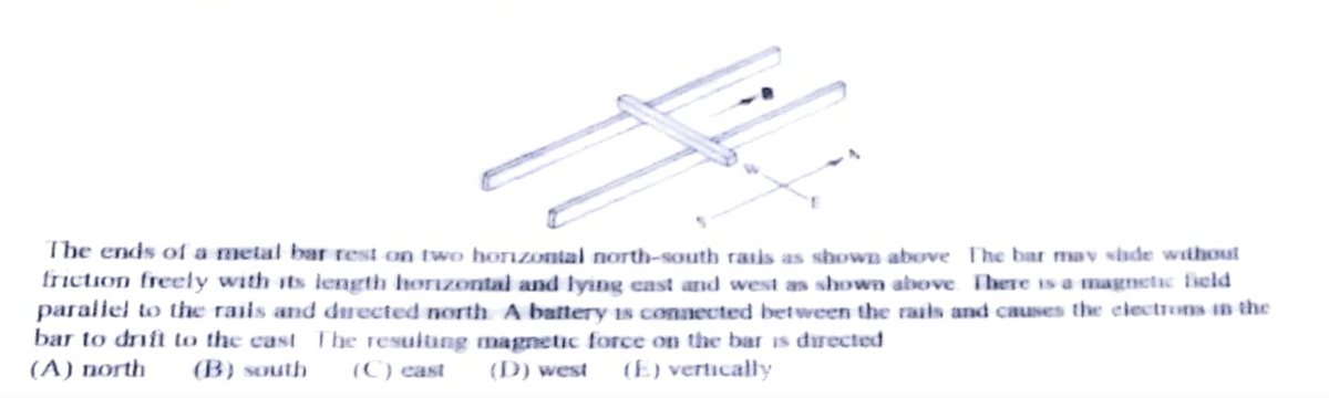 The ends of a metal bar rest on two honzontal north-south rasis as shown above The bar mav shde without
friction freely with its length hhorizontal and lyng cast and west as shown above. Fhere is a magnetac field
paraliel to the rails and drected north A battery is connected between the rais and causes the electrons in the
bar to drift to the cast The resulung magnetic force on the bar is drected
(A) north
(B) south
(C) cast
(D) west (E) vertically
