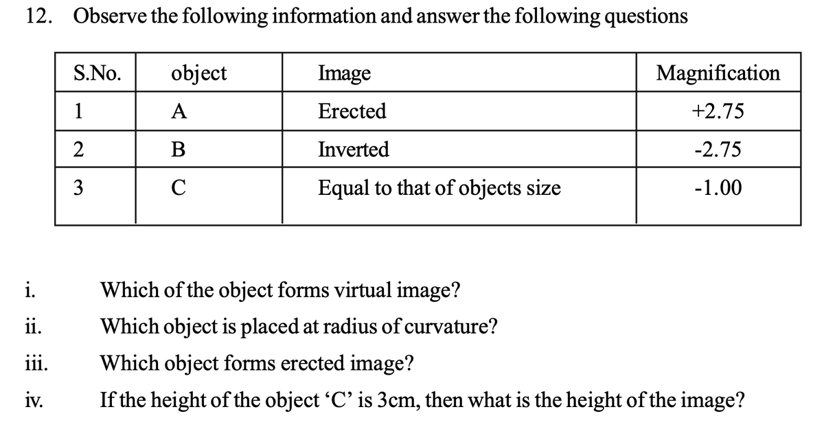 12. Observe the following information and answer the following questions
S.No.
object
Image
Magnification
1
А
Erected
+2.75
2
Inverted
-2.75
3
C
Equal to that of objects size
-1.00
i.
Which of the object forms virtual image?
ii.
Which object is placed at radius of curvature?
iii.
Which object forms erected image?
iv.
If the height of the object 'C' is 3cm, then what is the height of the image?
