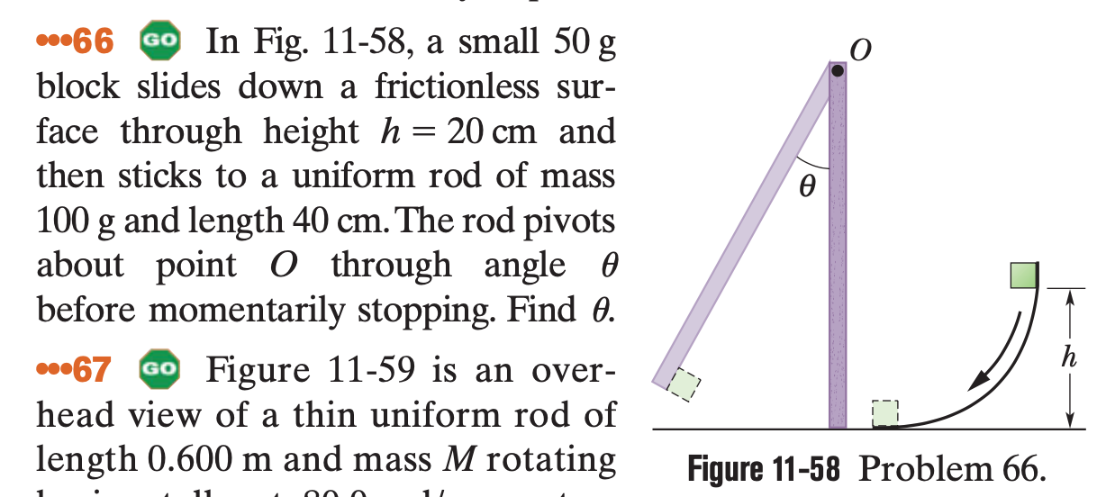 •66 GO In Fig. 11-58, a small 50 g
block slides down a frictionless sur-
face through height h = 20 cm and
then sticks to a uniform rod of mass
Ө
100 g and length 40 cm. The rod pivots
about point 0 t hrough angle 0
before momentarily stopping. Find 0.
67
GO Figure 11-59 is an over-
head view of a thin uniform rod of
length 0.600 m and mass M rotating
Figure 11-58 Problem 66.
