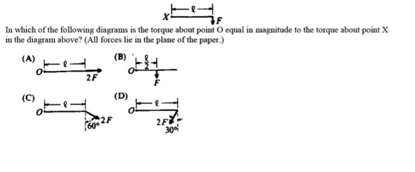 In which of the following diagrams is the torque about point 0 equal in magnitude to the torque about point X
in the diagram above? (All forces lie in the plane of the paper.)
(A)
(B)
(D)
2F
300

