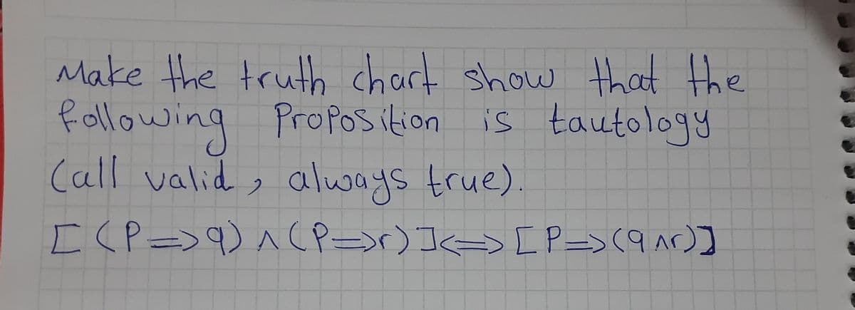 Make the truth chart show that the
fallowing is tautology
Proposition
Call valid , always true).
[CP=>9) ^(Pr)]>[P=>(9ar)]
