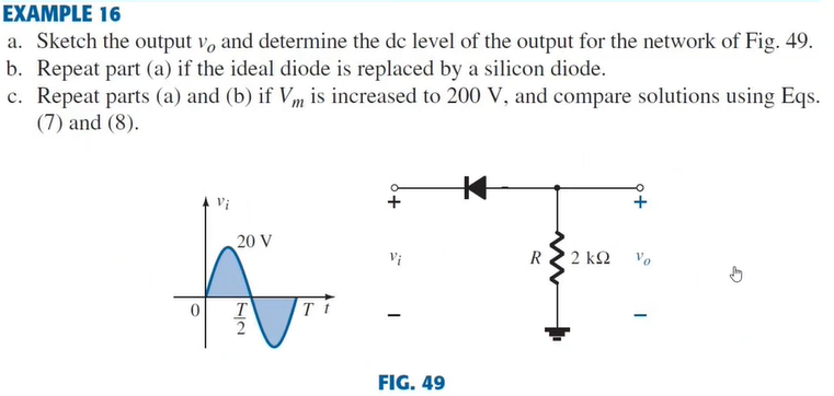 EXAMPLE 16
a. Sketch the output v, and determine the dc level of the output for the network of Fig. 49.
b. Repeat part (a) if the ideal diode is replaced by a silicon diode.
c. Repeat parts (a) and (b) if Vm is increased to 200 V, and compare solutions using Eqs.
(7) and (8).
Vi
Vi
' 2 ΚΩ
Vo
0
20 V
2
T
I
FIG. 49
R
w
I