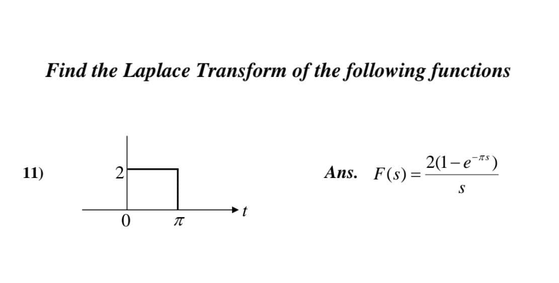 Find the Laplace Transform of the following functions
2(1-e **)
-ITS
Ans. F(s):
11)
S
t
2.
