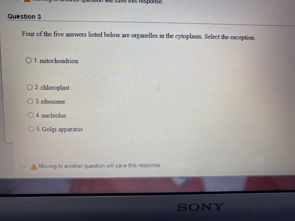 Question 3
Four of the five answers listed below are organelles in the cytoplasm. Select the exception
O 1. mitochondrion
O 2. chloroplast
O3 ribosome
04 mucleolus
O 5. Golgi apparatus
A Moving to another question will save this response.
SONY
