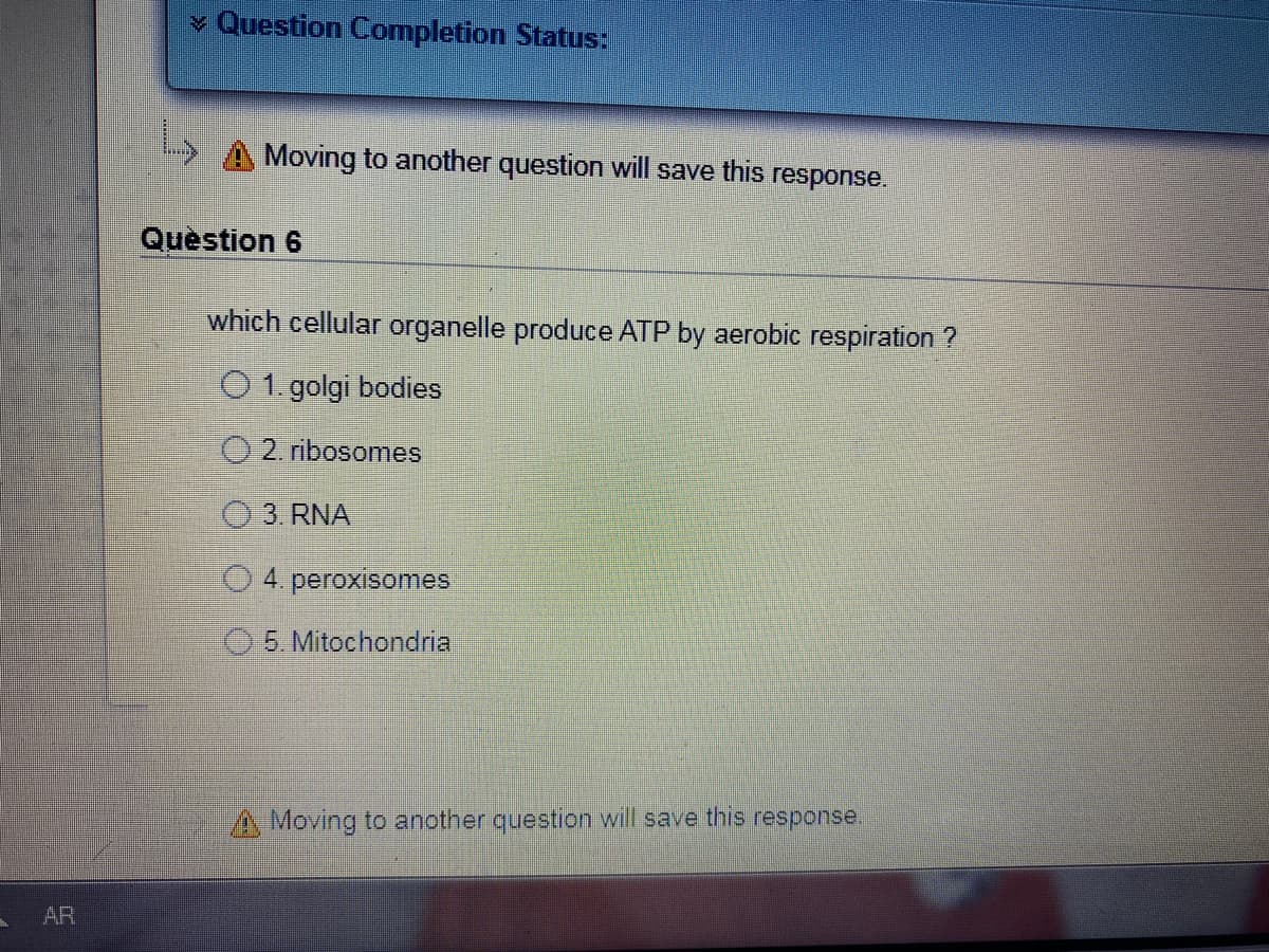 * Question Completion Status:
A Moving to another question will save this response.
Quèstion 6
which cellular organelle produce ATP by aerobic respiration ?
O 1. golgi bodies
O 2. ribosomes
3. RNA
O 4. peroxisomes
5. Mitochondria
A Moving to another question will save this response.
AR
