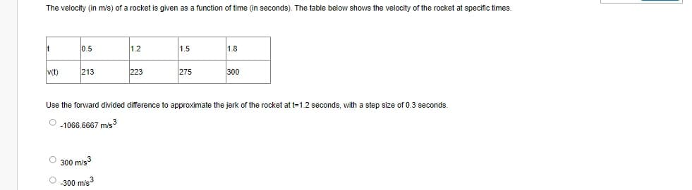 The velocity (in m/s) of a rocket is given as a function of time (in seconds). The table below shows the velocity of the rocket at specific times.
0.5
1.2
1.5
1.8
v(t)
213
223
275
300
Use the forward divided difference to approximate the jerk of the rocket at t=1.2 seconds, with a step size of 0.3 seconds.
O 1066.6667 m/s
O 300 mis
-300 m/s
