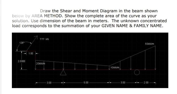 Draw the Shear and Moment Diagram in the beam shown
below by AREA METHOD. Show the complete area of the curve as your
solution. Use dimension of the beam in meters. The unknown concentrated
load corresponds to the summation of your GIVEN NAME & FAMILY NAME.
??? KN
126⁰
50KN/m
10kN/m
-5.00
4
2.0000
1.00
20kN/m
3.00
-3.00
-2.00