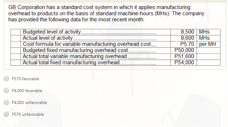 GB Corporation has a standard cost system in which it applies manufacturing
overhead to products on the basis of standard machine-hours (MHs). The company
has provided the following data for the most recent month:
Budgeted level of activity
Actual level of activity
Cost formula for variable manufacturing overhead cost.
Budgeted fixed manufacturing overhead cost
Actual total variable manufacturing overhead
Actual total fixed manufacturing overhead
8,500 MHs
8,600 MHs
P5.70 per MH
P50,000
P51,600
P54,000
P570 favorable
P4,000 favorable
P4,000 unfavorable
P570 unfavorable
