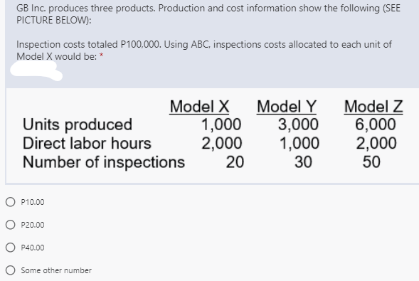 GB Inc. produces three products. Production and cost information show the following (SEE
PICTURE BELOW):
Inspection costs totaled P100,000. Using ABC, inspections costs allocated to each unit of
Model X would be: *
Model X
1,000
2,000
20
Model Y
3,000
1,000
30
Model Z
6,000
2,000
50
Units produced
Direct labor hours
Number of inspections
O P10.00
O P20.00
O P40.00
O Some other number
