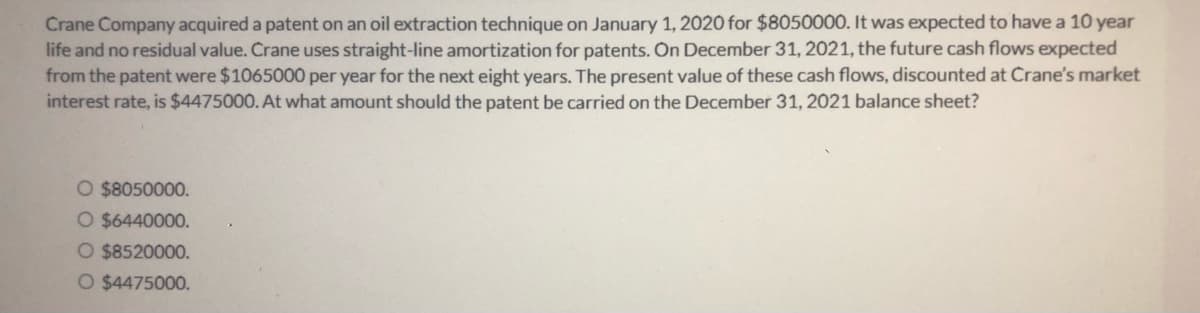 Crane Company acquired a patent on an oil extraction technique on January 1, 2020 for $805000O. It was expected to have a 10 year
life and no residual value. Crane uses straight-line amortization for patents. On December 31, 2021, the future cash flows expected
from the patent were $1065000 per year for the next eight years. The present value of these cash flows, discounted at Crane's market
interest rate, is $4475000. At what amount should the patent be carried on the December 31, 2021 balance sheet?
O $8050000.
O $6440000.
O $8520000.
O $4475000.

