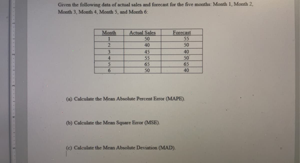 Given the following data of actual sales and forecast for the five months: Month 1, Month 2,
Month 3, Month 4, Month 5, and Month 6:
Month
1
2
3
4
5
6
Actual Sales
50
40
45
55
65
50
Forecast
55
50
(b) Calculate the Mean Square Error (MSE).
(a) Calculate the Mean Absolute Percent Error (MAPE).
40
50°
65
40
(c) Calculate the Mean Absolute Deviation (MAD).