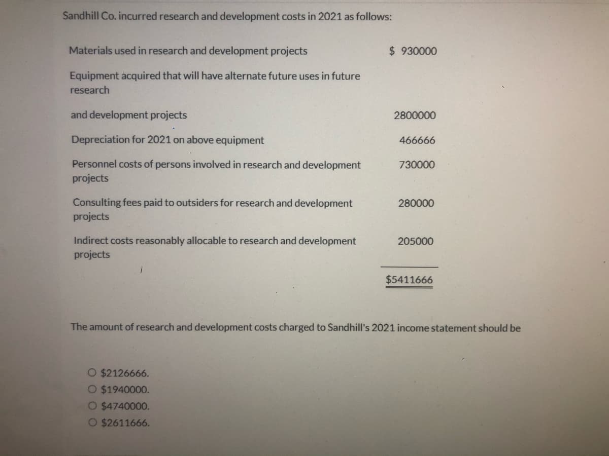 Sandhill Co. incurred research and development costs in 2021 as follows:
Materials used in research and development projects
$ 930000
Equipment acquired that will have alternate future uses in future
research
and development projects
2800000
Depreciation for 2021 on above equipment
466666
Personnel costs of persons involved in research and development
730000
projects
Consulting fees paid to outsiders for research and development
projects
280000
Indirect costs reasonably allocable to research and development
projects
205000
$5411666
The amount of research and development costs charged to Sandhill's 2021 income statement should be
O $2126666.
O $1940000.
O $4740000.
O $2611666.
