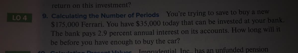 return on this investment?
9. Calculating the Number of Periods You're trying to save to buy a new
$175,000 Ferrari. You have $35,000 today that can be invested at your bank.
The bank pays 2.9 percent annual interest on its accounts. How long will it
be before you have enough to buy the car?
LO 4
Imprudential Inc., has an unfunded pension
Values
