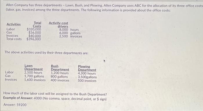 Allen Company has three departments - Lawn, Bush, and Plowing. Allen Company uses ABC for the allocation of its three office costs
(labor, gas, invoices) among the three departments. The following information is provided about the office costs:
Activities
Labor
Gas
Invoices
Total costs
Total
Costs
$320,000
$36,000
Labor
Gas
Invoices
$40,000
$396,000
Activity-cost
drivers
The above activities used by their three departments are:
Lawn
Department
2,500 hours
1,700 gallons
1,600 invoices
8,000 hours
6,000 gallons
2,500 invoices
Bush
Department
1,200 hours:
800 gallons
400 invoices
Plowing
Department
4,300 hours
3,500gallons
500 invoices
How much of the labor cost will be assigned to the Bush Department?
Example of Answer: 4000 (No comma, space, decimal point, or $ sign)
Answer: 59200